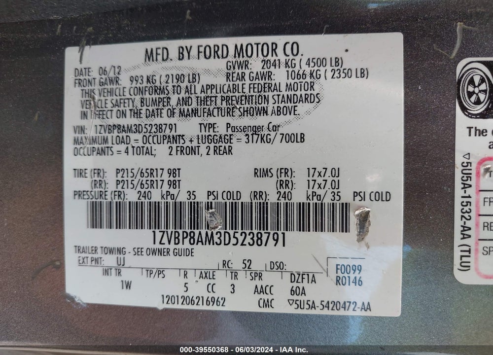 2013 FORD MUSTANG V6 VIN: 1ZVBP8AM3D5238791