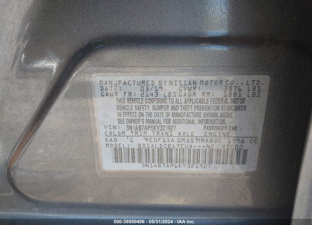 2019 NISSAN SENTRA SV VIN: 3N1AB7AP6KY321927