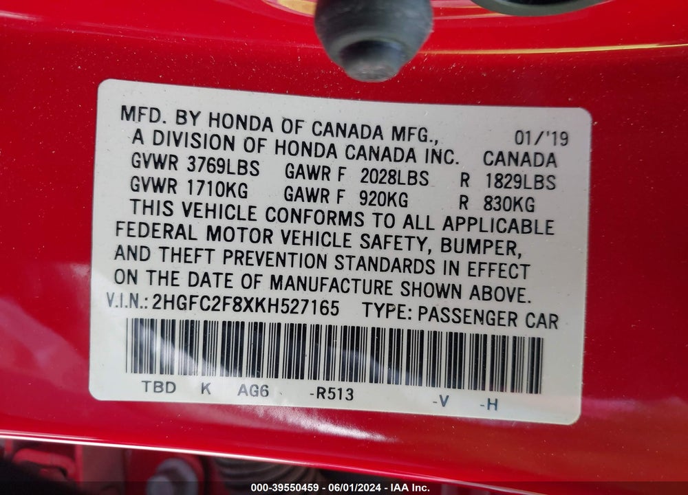 2019 HONDA CIVIC SPORT VIN: 2HGFC2F8XKH527165