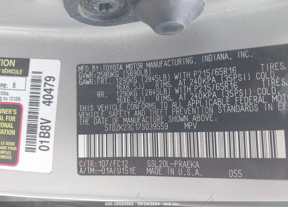 2007 TOYOTA SIENNA LE VIN: 5TDZK23C17S039559