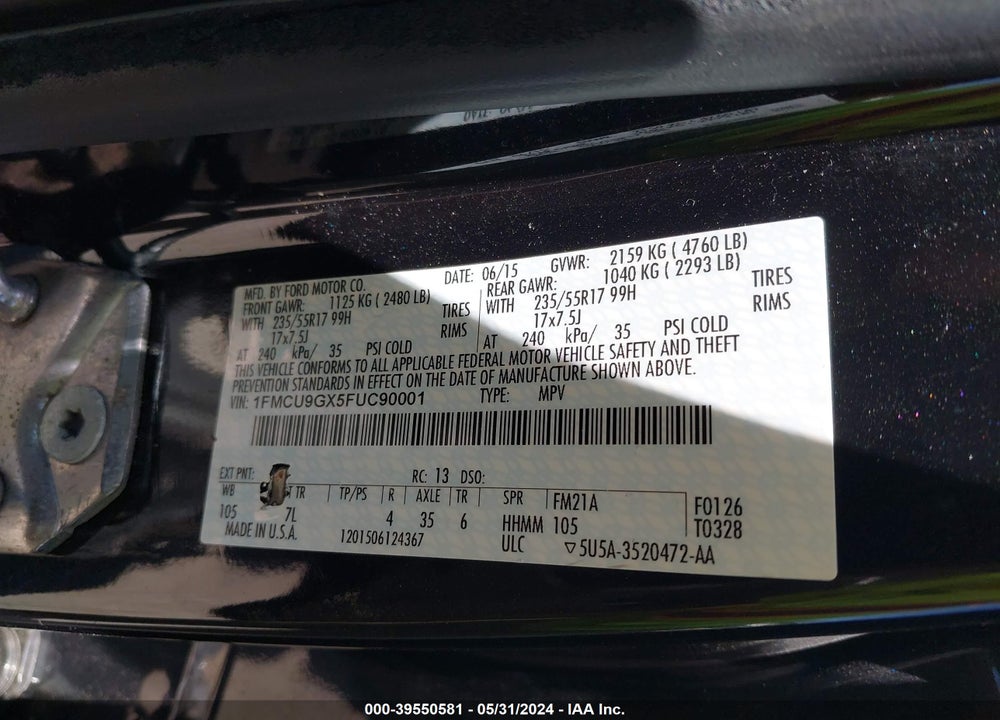 2015 FORD ESCAPE SE VIN: 1FMCU9GX5FUC90001