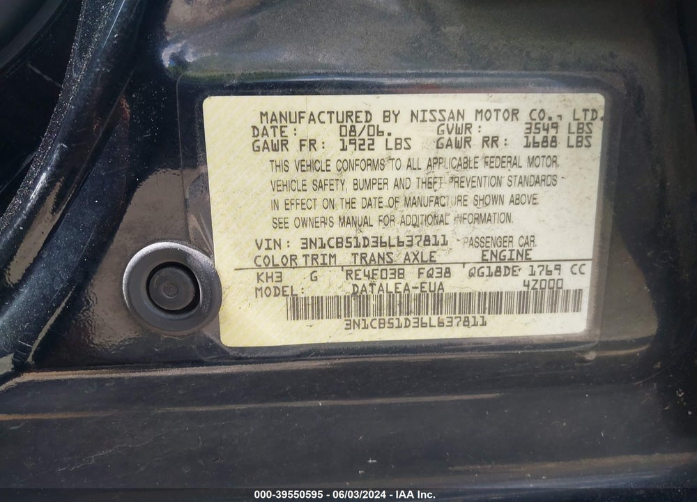 2006 NISSAN SENTRA 1.8S VIN: 3N1CB51D36L637811