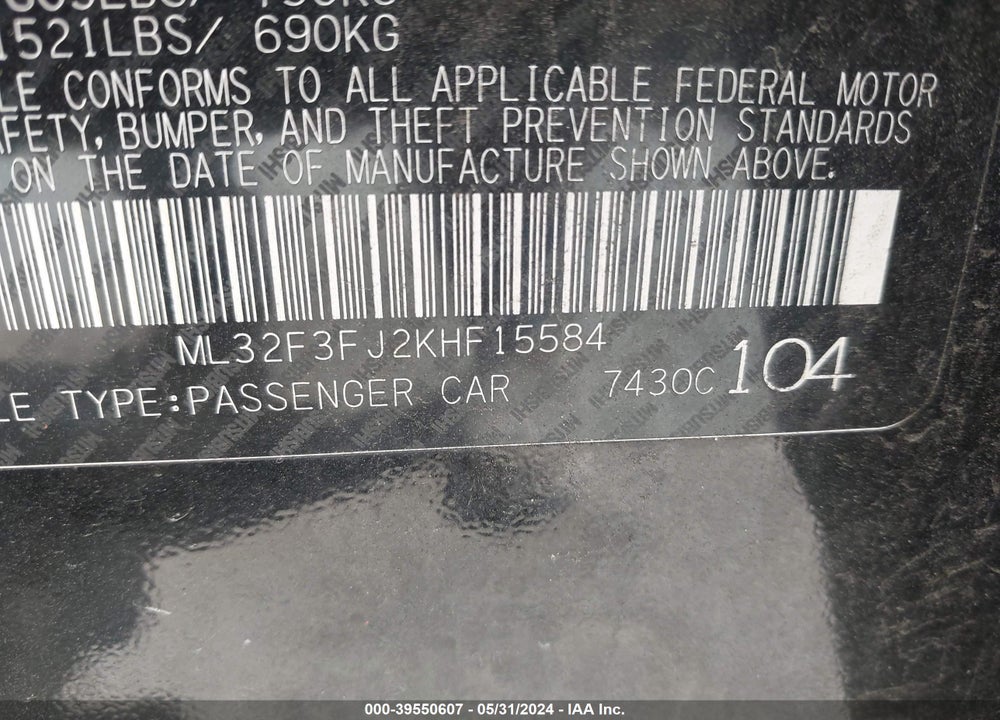 2019 MITSUBISHI MIRAGE G4 ES VIN: ML32F3FJ2KHF15584