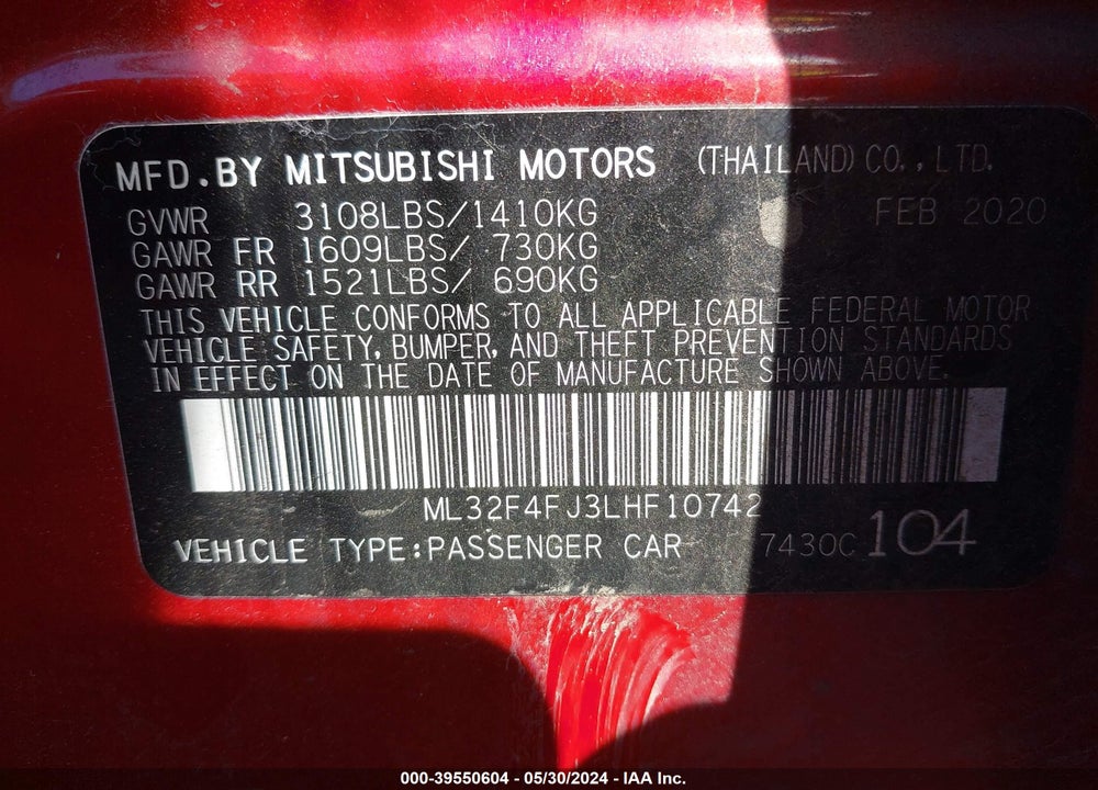 2020 MITSUBISHI MIRAGE G4 LE VIN: ML32F4FJ3LHF10742