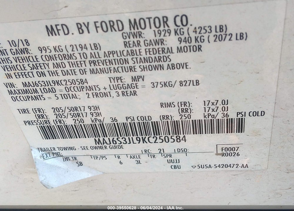 2019 FORD ECOSPORT SES VIN: MAJ6S3JL9KC250584