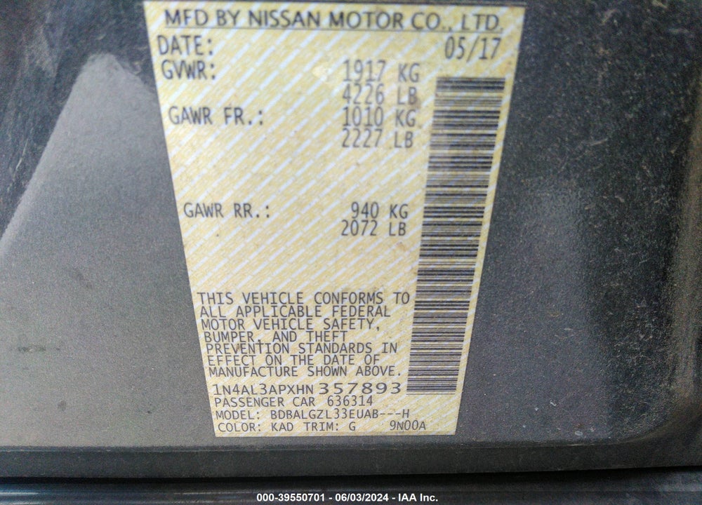 2017 NISSAN ALTIMA 2.5 S VIN: 1N4AL3APXHN357893