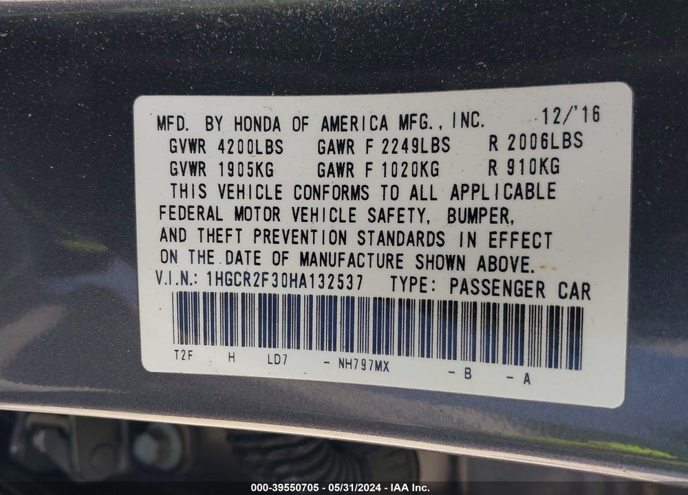 2017 HONDA ACCORD LX VIN: 1HGCR2F30HA132537