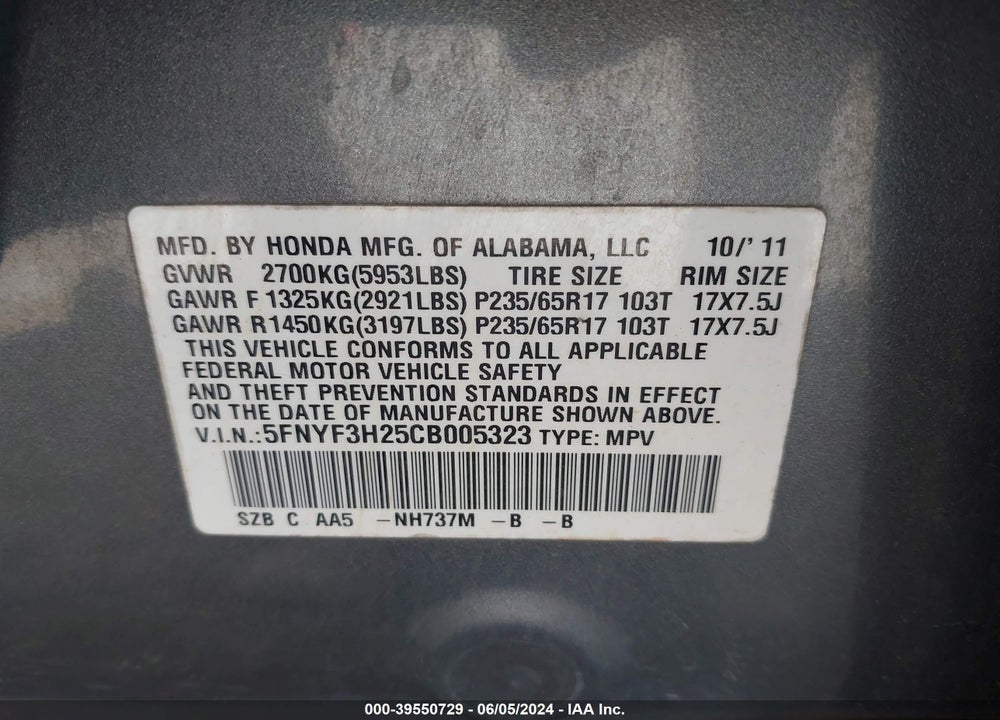 2012 HONDA PILOT LX VIN: 5FNYF3H25CB005323