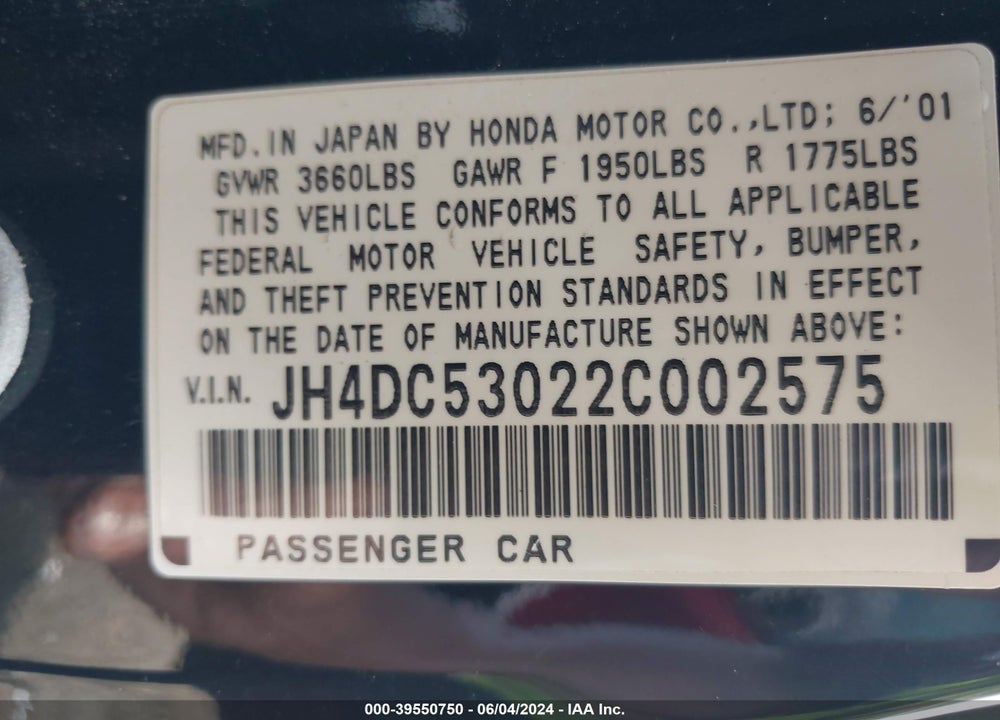 2002 ACURA RSX TYPE-S VIN: JH4DC53022C002575