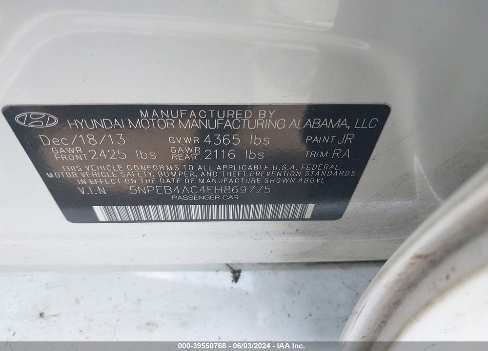 2014 HYUNDAI SONATA GLS VIN: 5NPEB4AC4EH869775