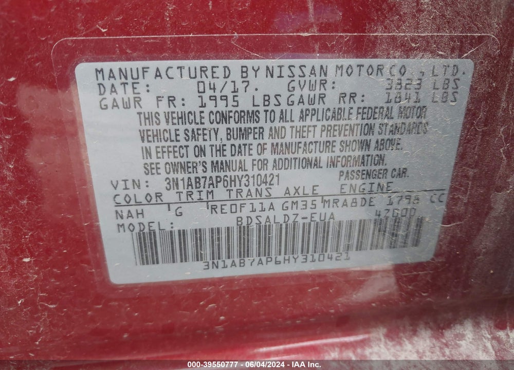 2017 NISSAN SENTRA VIN: 3N1AB7AP6HY310421