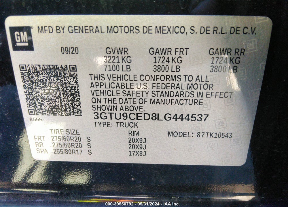2020 GMC SIERRA 1500 4WD SHORT BOX ELEVATION VIN: 3GTU9CED8LG444537