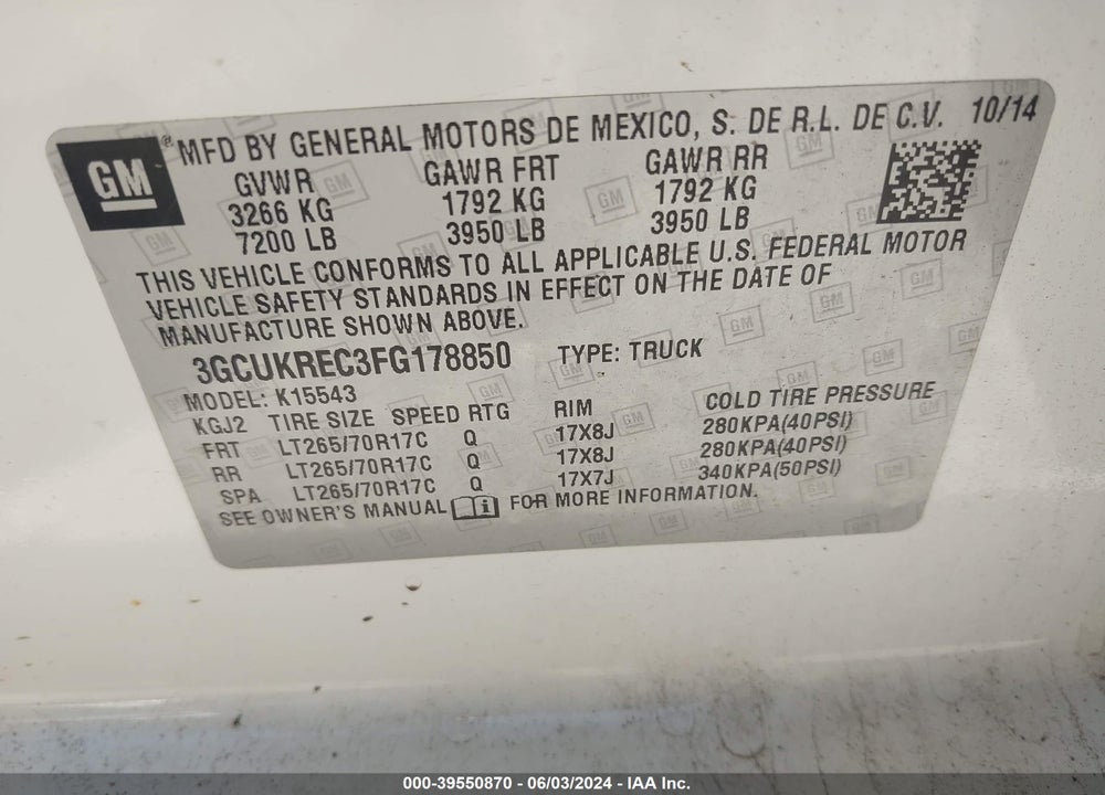 2015 CHEVROLET SILVERADO 1500 2LT VIN: 3GCUKREC3FG178850