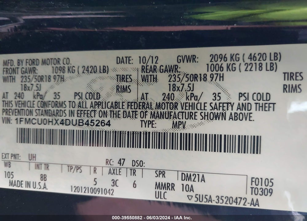 2013 FORD ESCAPE SEL VIN: 1FMCU0HX4DUB45264