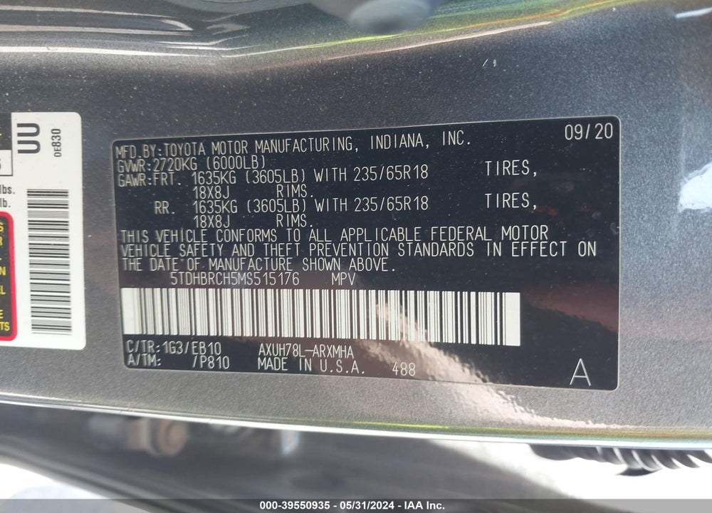 2021 TOYOTA HIGHLANDER HYBRID XLE VIN: 5TDHBRCH5MS515176