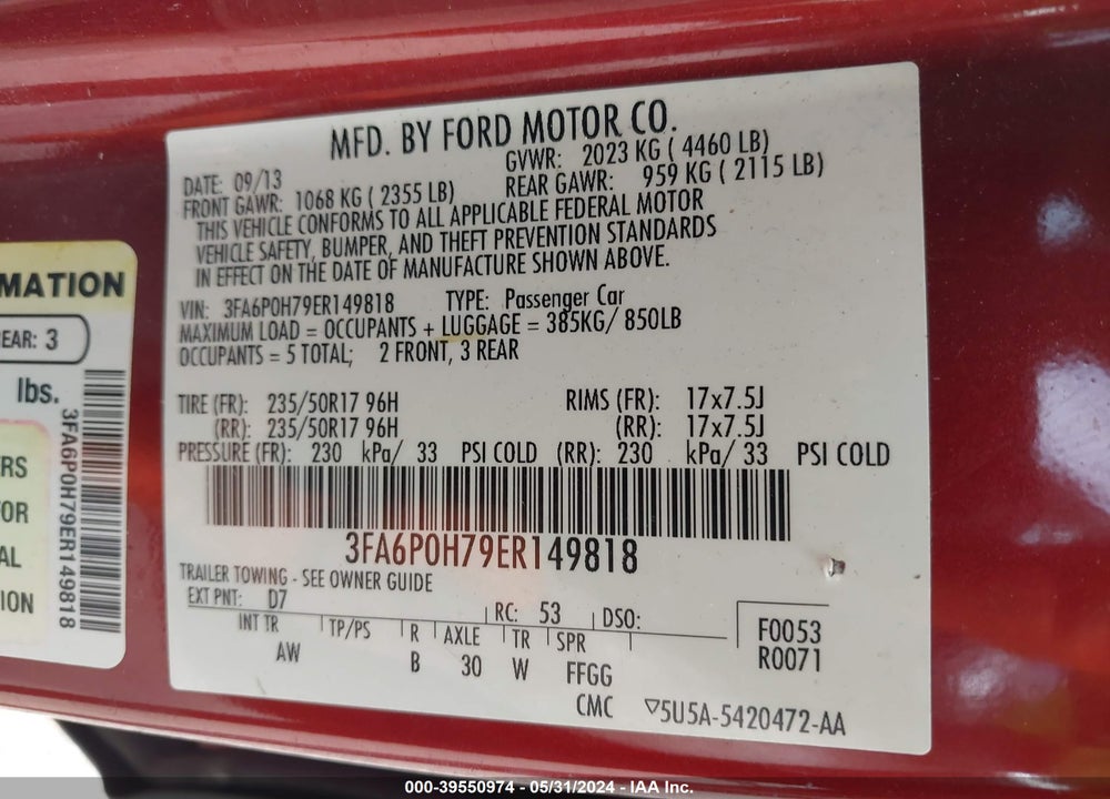 2014 FORD FUSION SE VIN: 3FA6P0H79ER149818