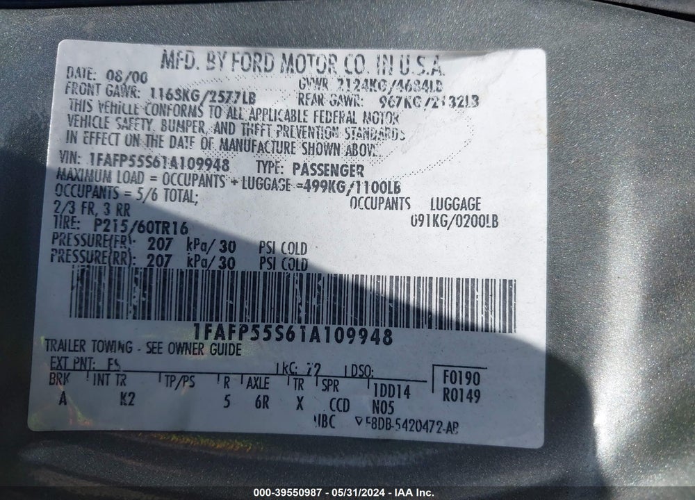 2001 FORD TAURUS VIN: 1FAFP55S61A109948