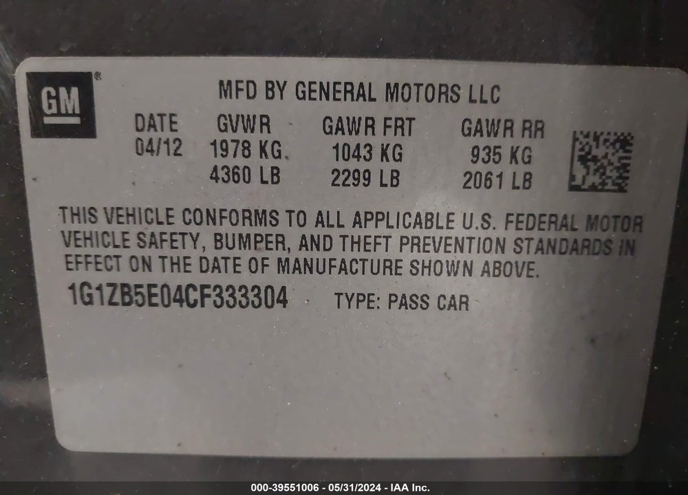 2012 CHEVROLET MALIBU LS VIN: 1G1ZB5E04CF333304