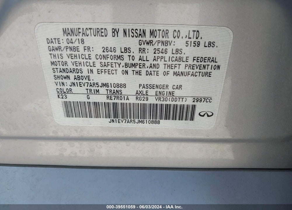 2018 INFINITI Q50 3.0T LUXE VIN: JN1EV7AR5JM610888