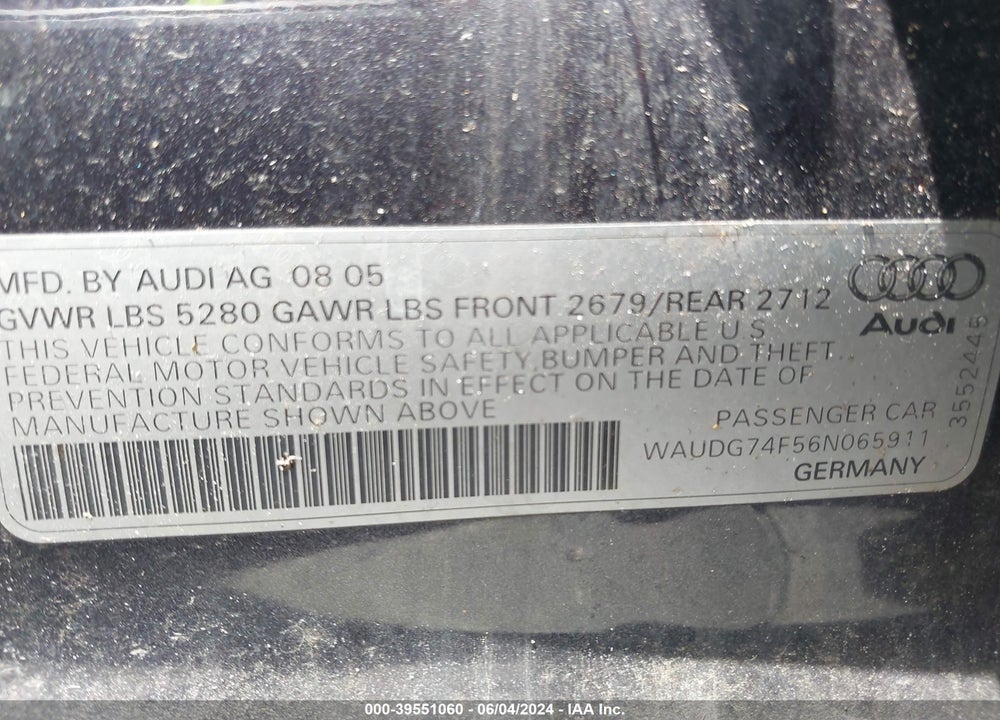 2006 AUDI A6 3.2 VIN: WAUDG74F56N065911