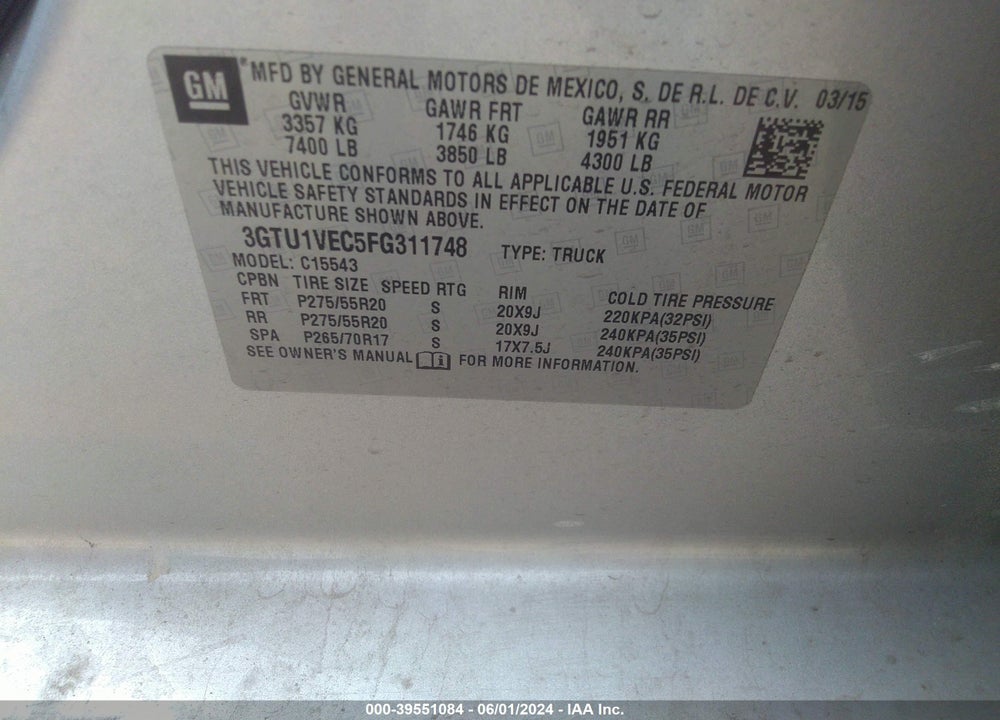 2015 GMC SIERRA 1500 SLT VIN: 3GTU1VEC5FG311748