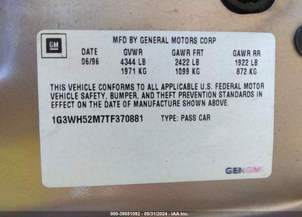 1996 OLDSMOBILE CUTLASS SUPREME SL VIN: 1G3WH52M7TF370881
