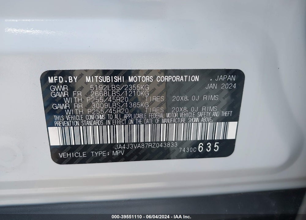 2024 MITSUBISHI OUTLANDER SE 2.5 2WD VIN: JA4J3VA87RZ043833