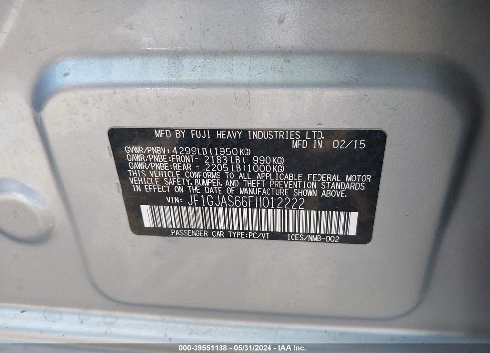 2015 SUBARU IMPREZA 2.0I LIMITED VIN: JF1GJAS66FH012222