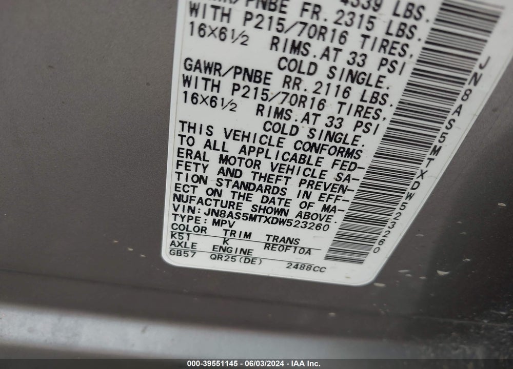 2013 NISSAN ROGUE S VIN: JN8AS5MTXDW523260
