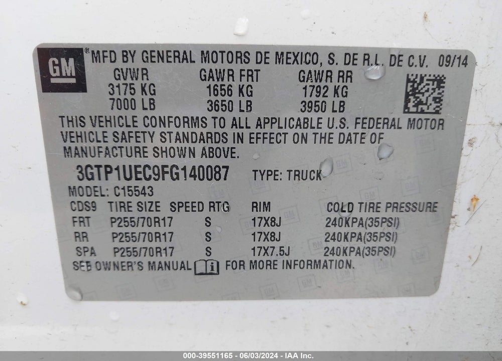 2015 GMC SIERRA 1500 SLE VIN: 3GTP1UEC9FG140087