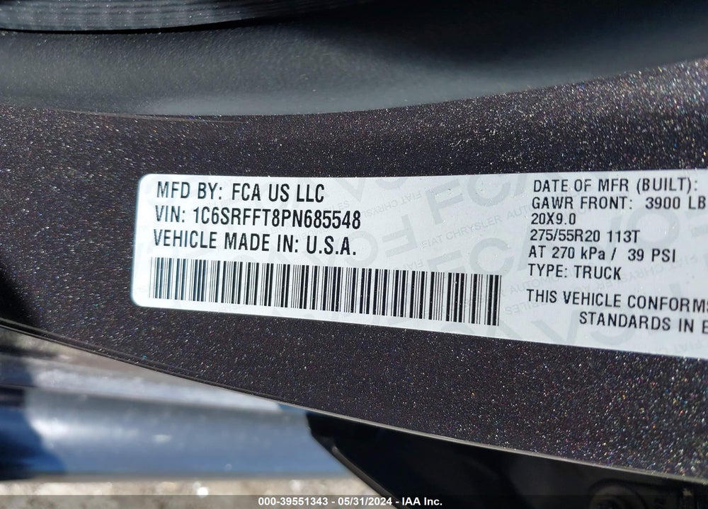 2023 RAM 1500 BIG HORN 4X4 5'7 BOX VIN: 1C6SRFFT8PN685548