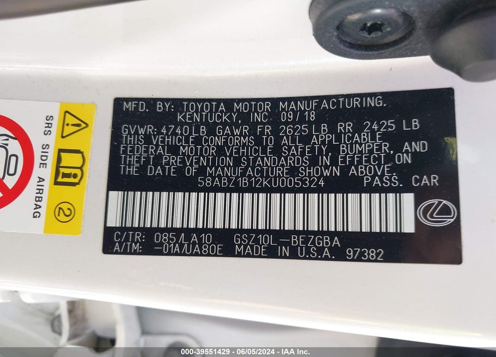 2019 LEXUS ES 350 VIN: 58ABZ1B12KU005324