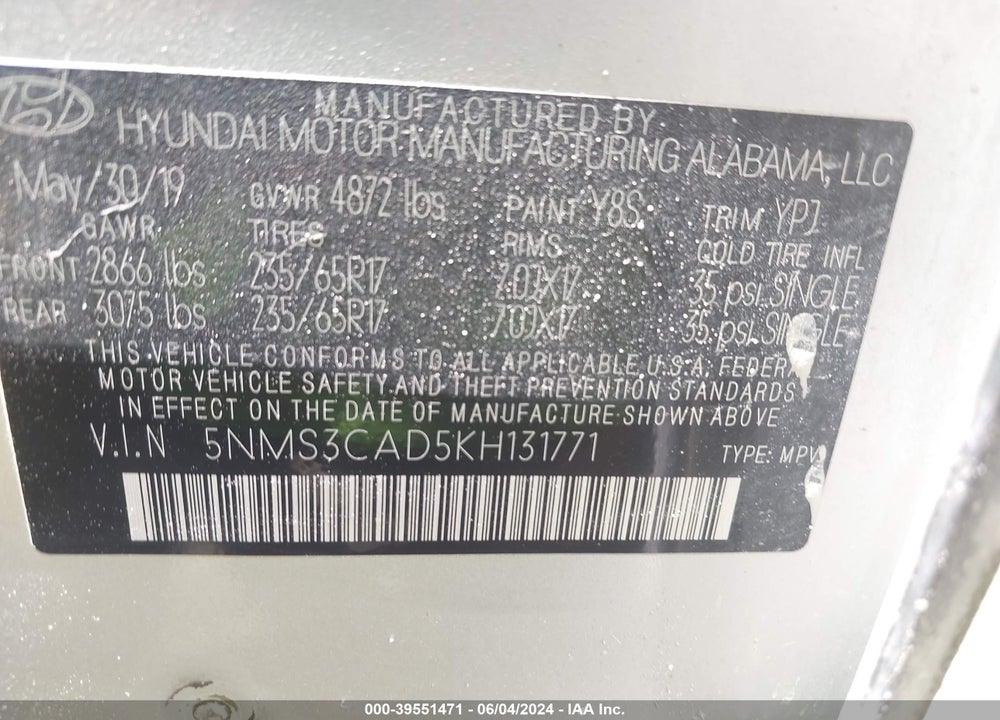 2019 HYUNDAI SANTA FE SEL VIN: 5NMS3CAD5KH131771
