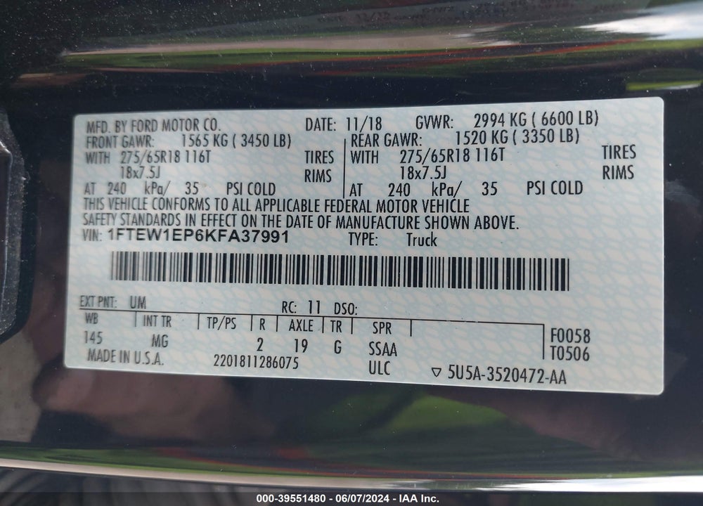 2019 FORD F-150 XLT VIN: 1FTEW1EP6KFA37991