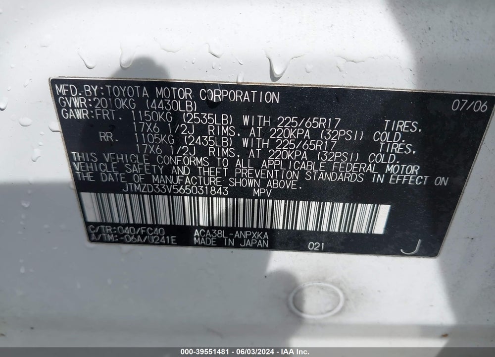 2006 TOYOTA RAV4 VIN: JTMZD33V565031843