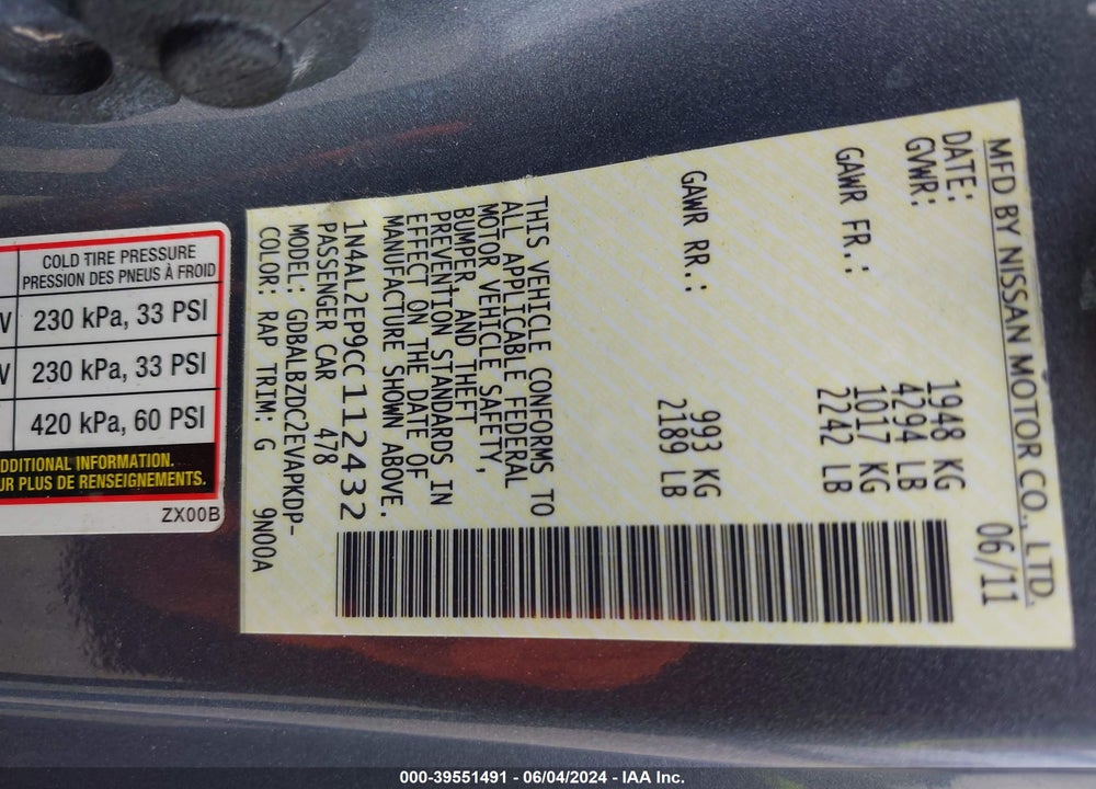 2012 NISSAN ALTIMA 2.5 S VIN: 1N4AL2EP9CC112432