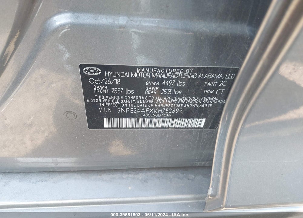2019 HYUNDAI SONATA SE VIN: 5NPE24AFXKH752899