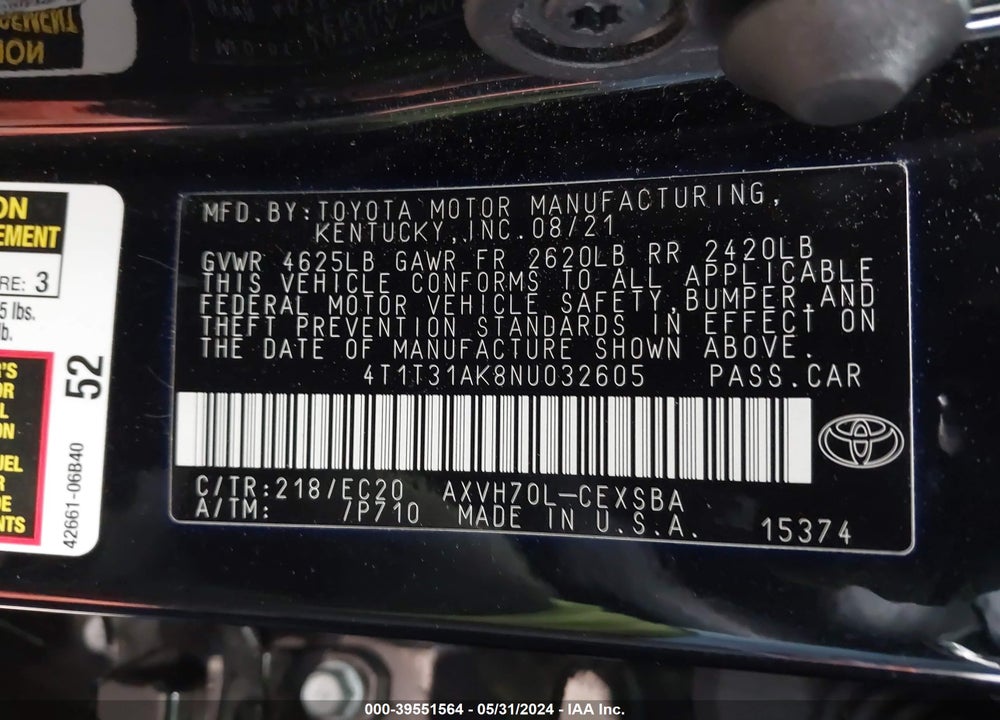 2022 TOYOTA CAMRY NIGHTSHADE EDITION HYBRID VIN: 4T1T31AK8NU032605