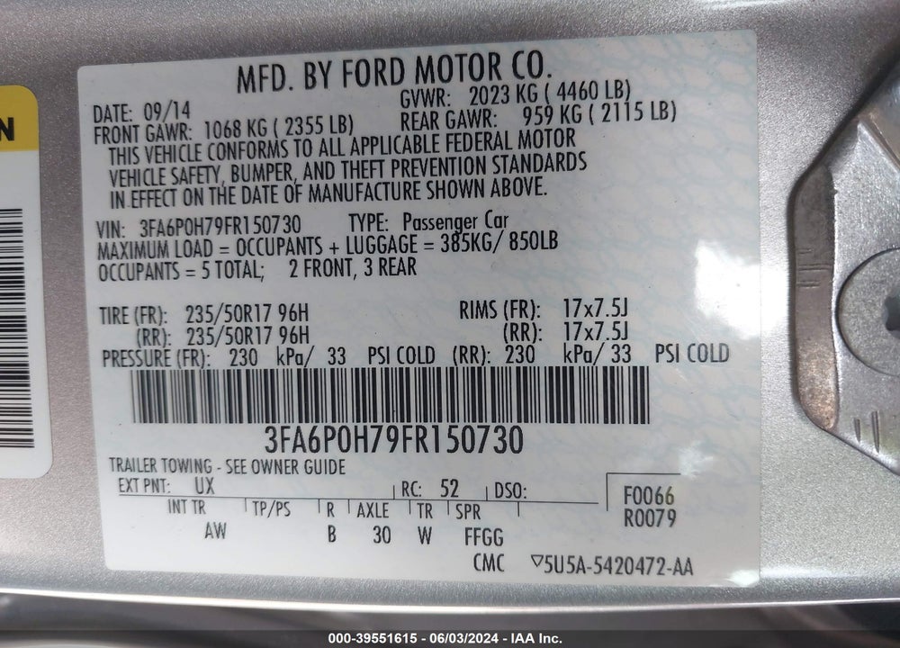 2015 FORD FUSION SE VIN: 3FA6P0H79FR150730