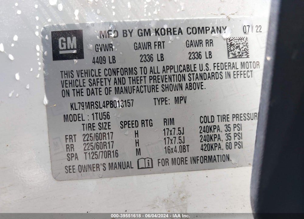 2023 CHEVROLET TRAILBLAZER AWD LT VIN: KL79MRSL4PB013157