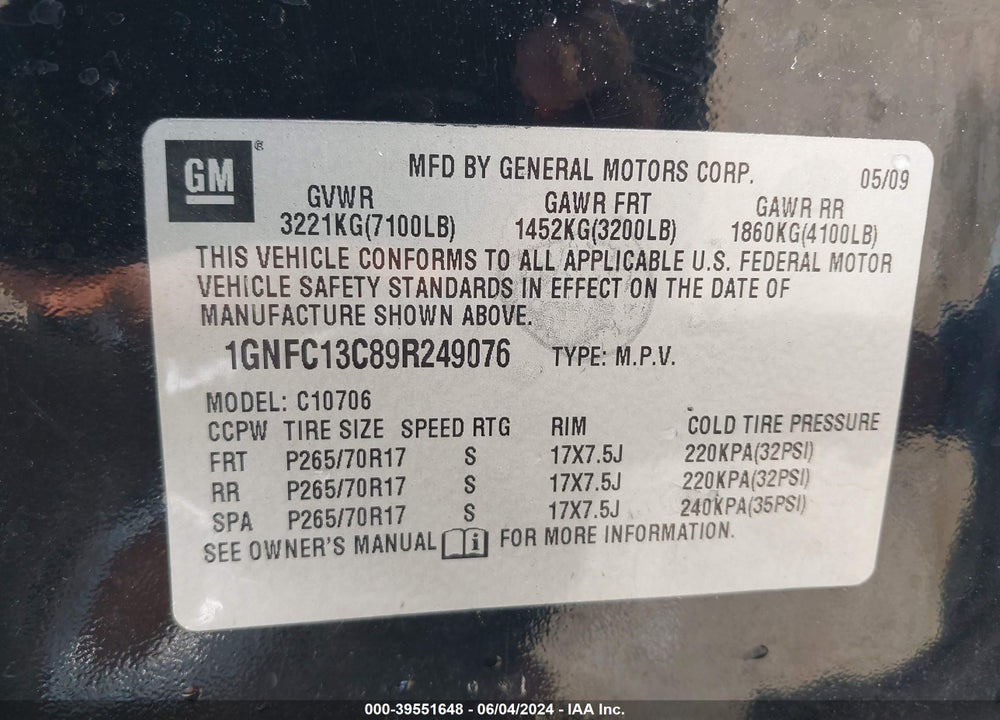 2009 CHEVROLET TAHOE LS VIN: 1GNFC13C89R249076