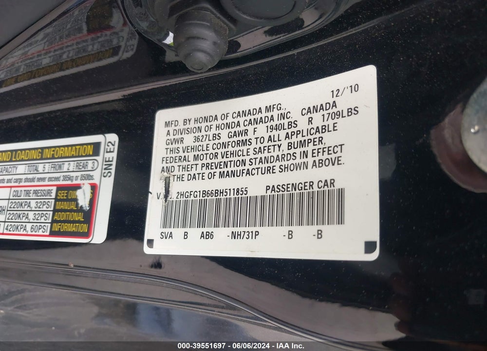 2011 HONDA CIVIC LX VIN: 2HGFG1B66BH511855