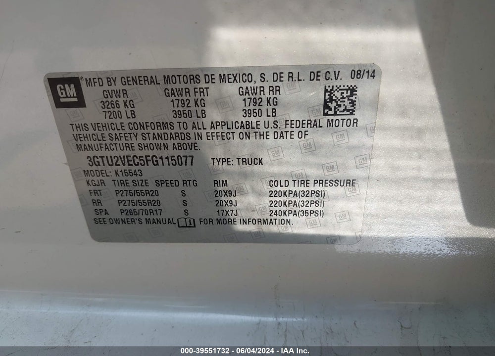 2015 GMC SIERRA 1500 SLT VIN: 3GTU2VEC5FG115077