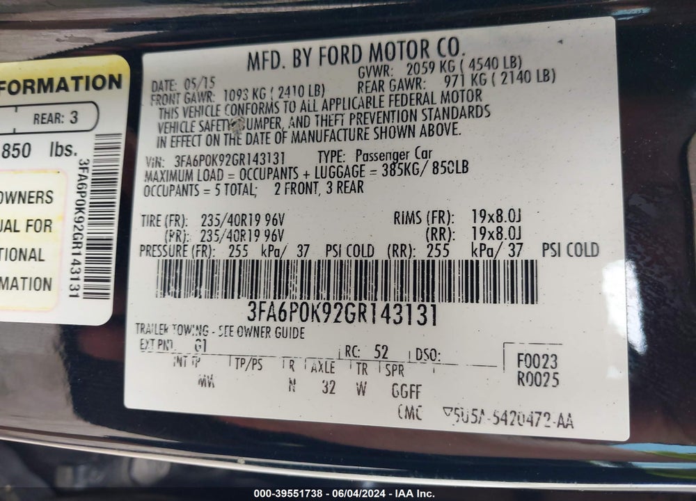 2016 FORD FUSION TITANIUM VIN: 3FA6P0K92GR143131