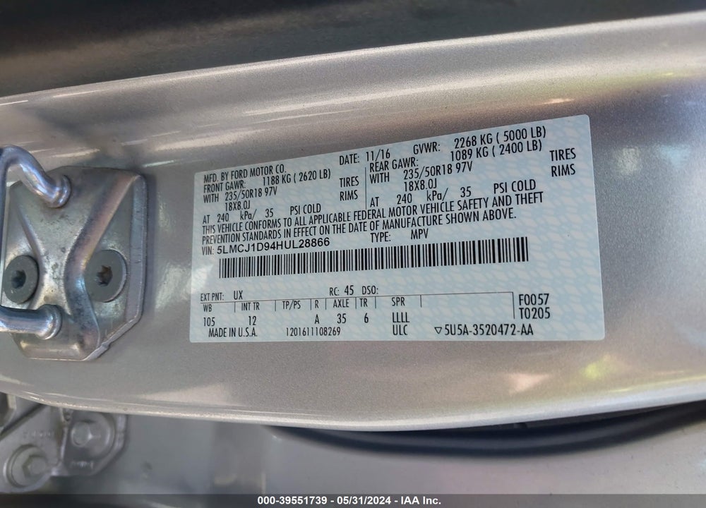 2017 PREMIER LINCOLN MKC E VIN: 5LMCJ1D94HUL28866