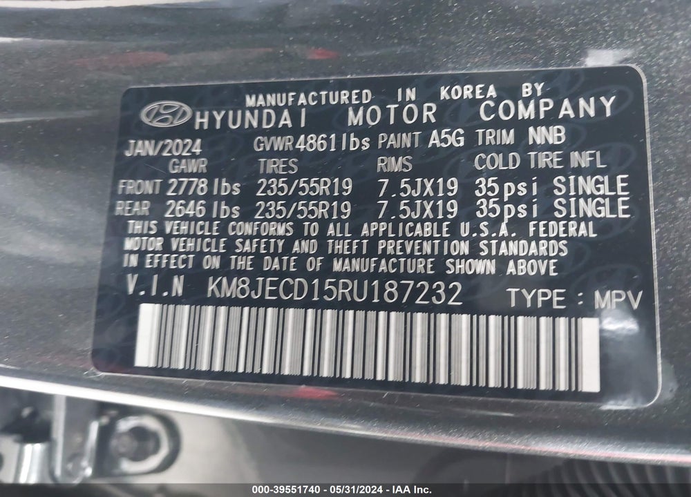 2024 HYUNDAI TUCSON HYBRID LIMITED VIN: KM8JECD15RU187232