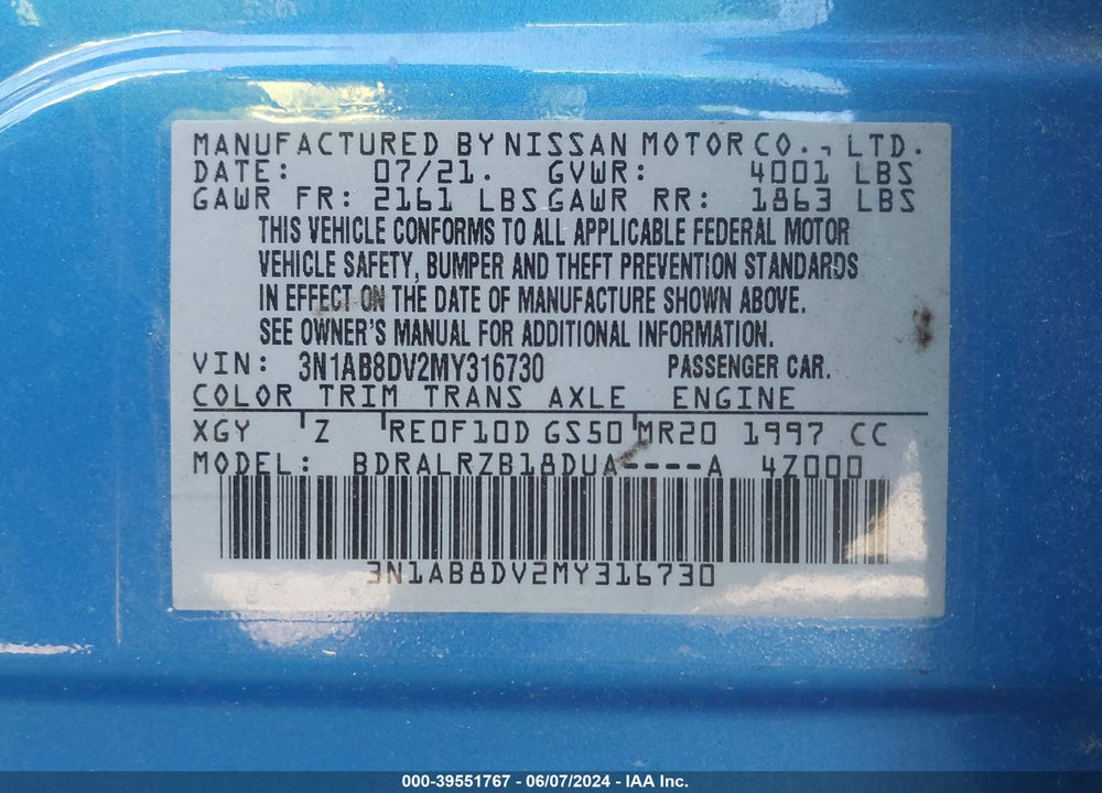2021 NISSAN SENTRA SR XTRONIC CVT VIN: 3N1AB8DV2MY316730