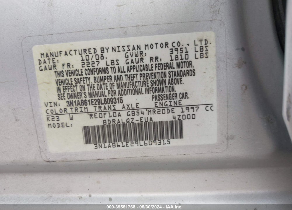 2009 NISSAN SENTRA 2.0 VIN: 3N1AB61E29L609315