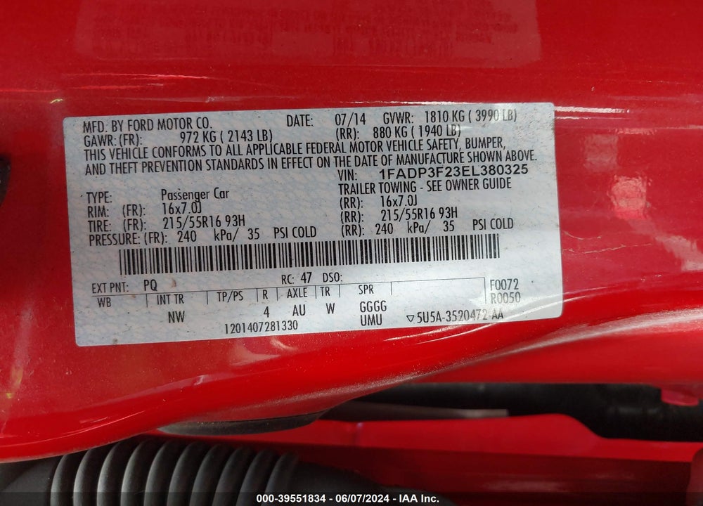 2014 FORD FOCUS SE VIN: 1FADP3F23EL380325