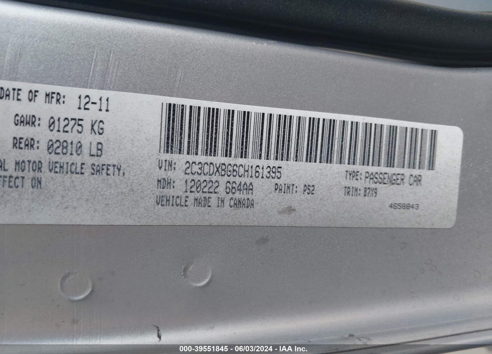 2012 DODGE CHARGER SE VIN: 2C3CDXBG6CH161395